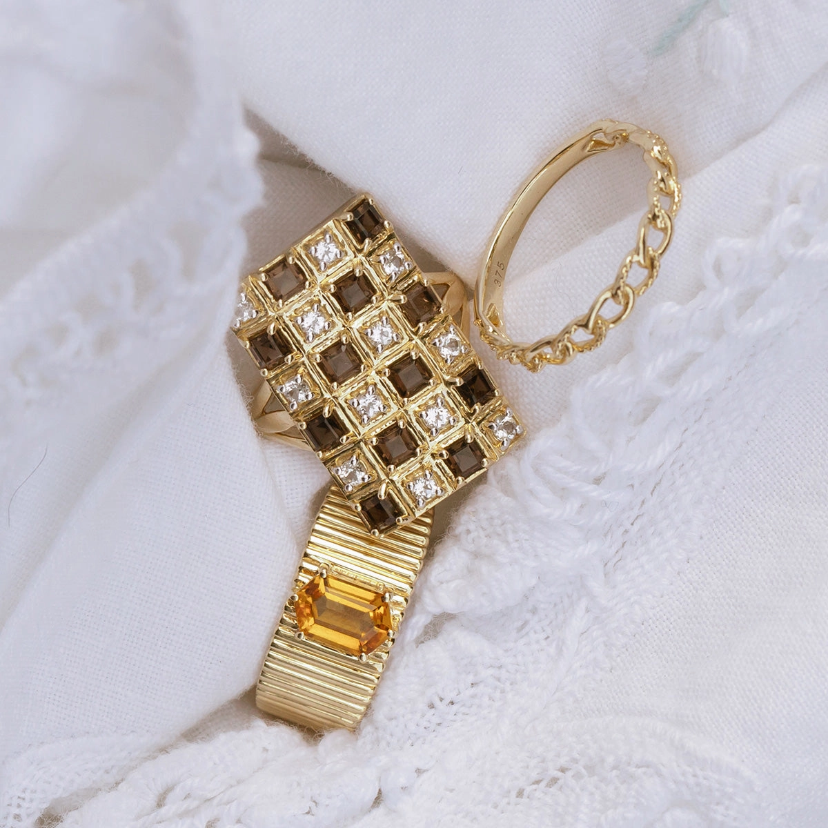 Solid Gold Checkerboard Gemstone Shield Ring