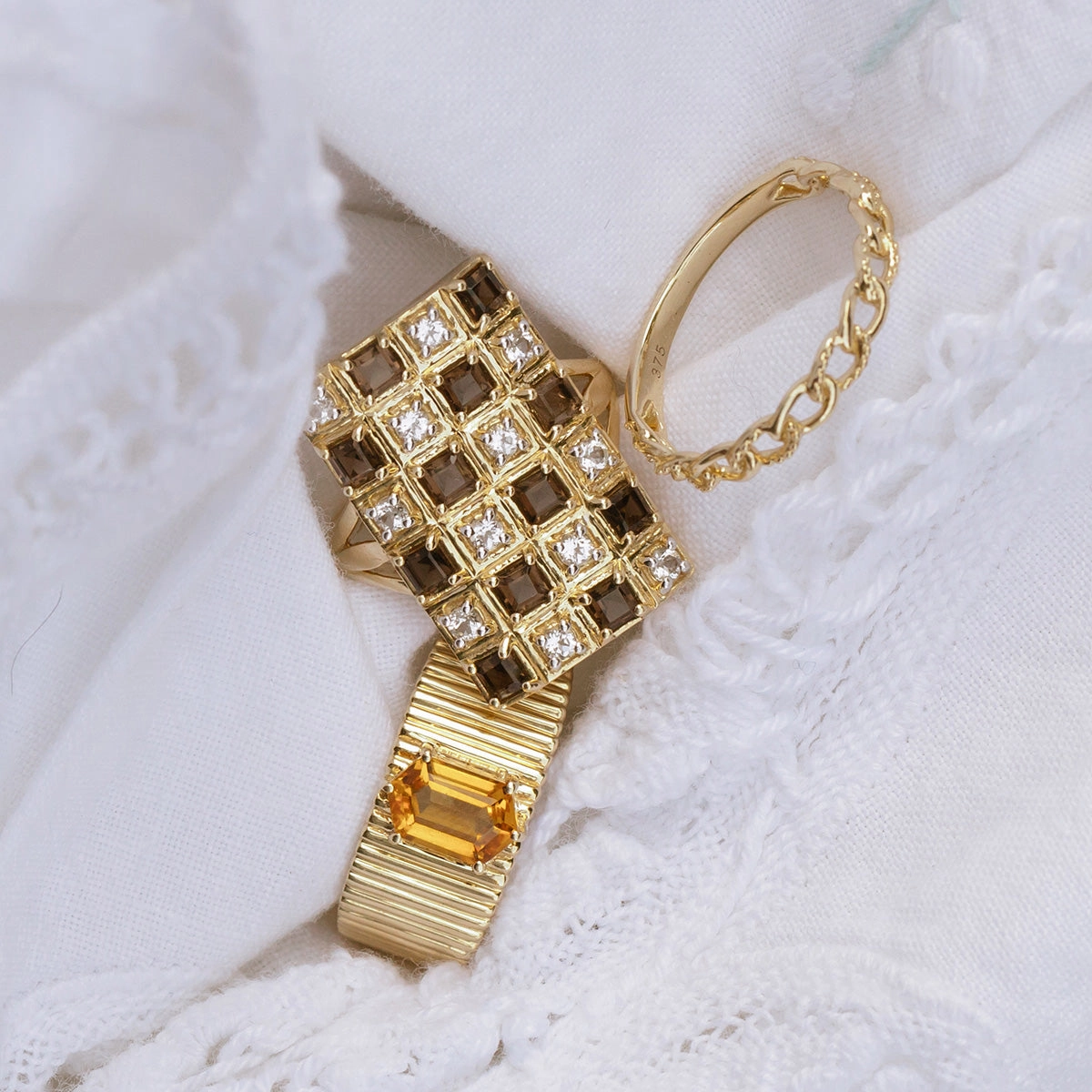 Solid Gold Checkerboard Gemstone Shield Ring