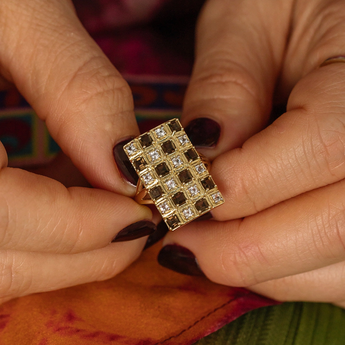 Solid Gold Checkerboard Gemstone Shield Ring