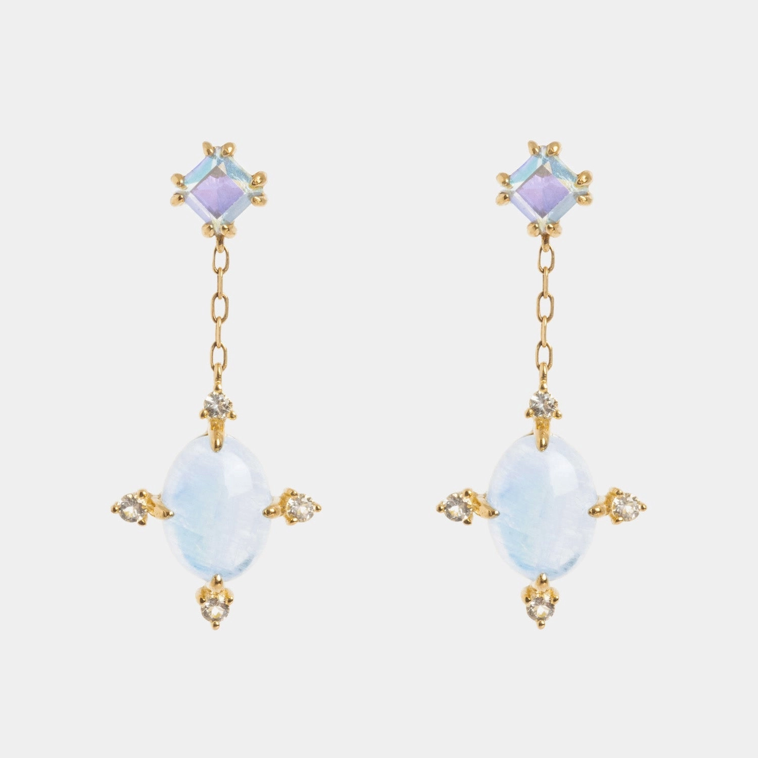 Solid Gold Crystal Ball Moonstone Drop Earrings