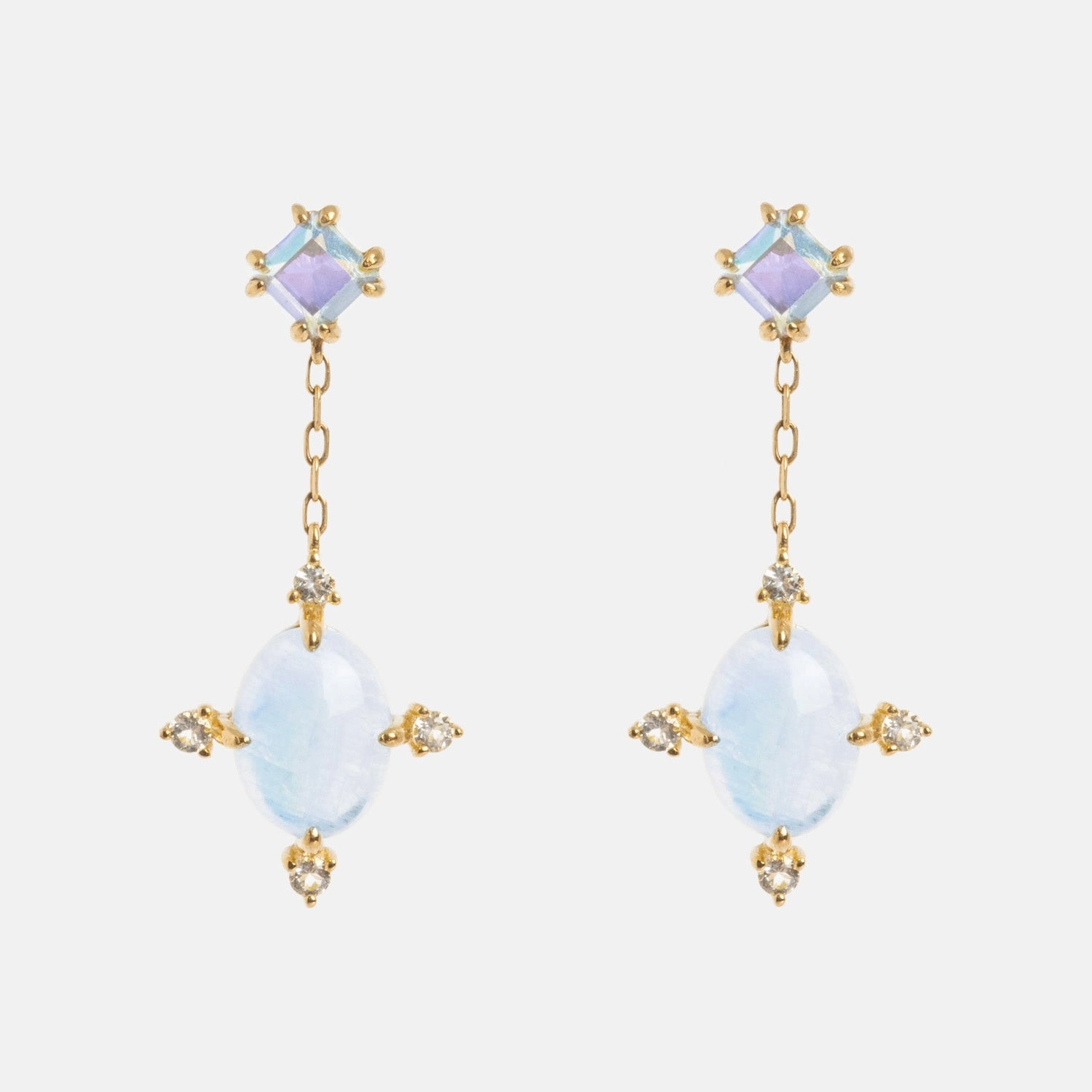 Solid Gold Crystal Ball Moonstone Drop Earrings