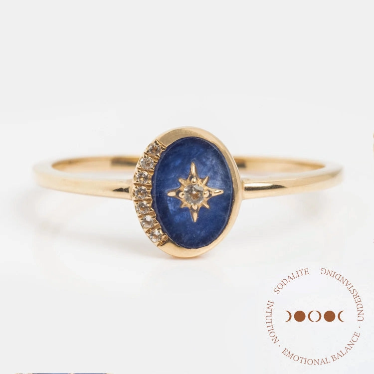 Solid Gold Crystal Crescent Moon Ring for Manifestation