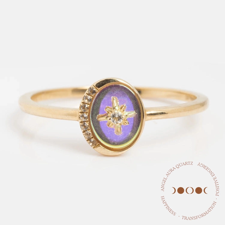 Solid Gold Crystal Crescent Moon Ring for Manifestation