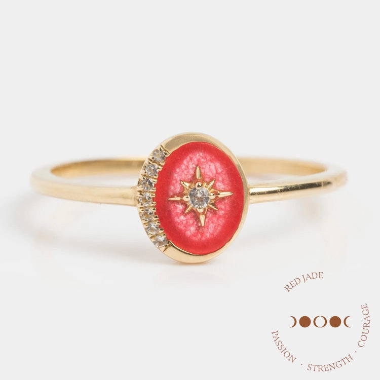 Solid Gold Crystal Crescent Moon Ring for Manifestation