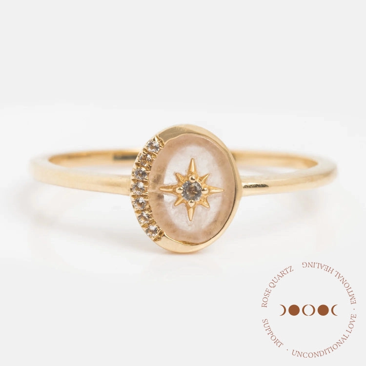 Solid Gold Crystal Crescent Moon Ring for Manifestation