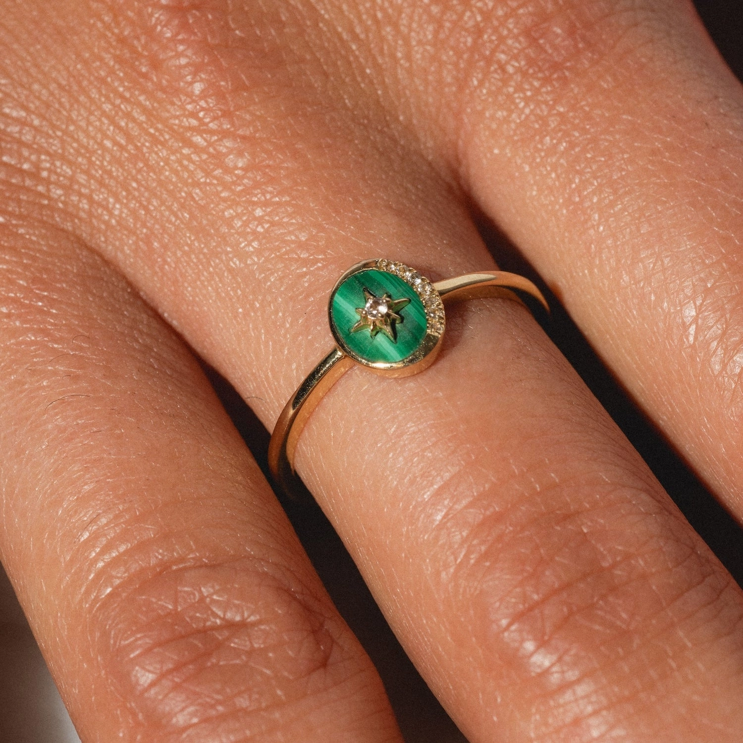 Solid Gold Crystal Crescent Moon Ring for Manifestation