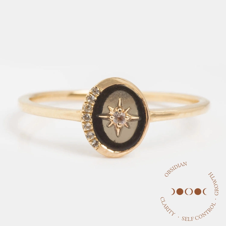 Solid Gold Crystal Crescent Moon Ring for Manifestation