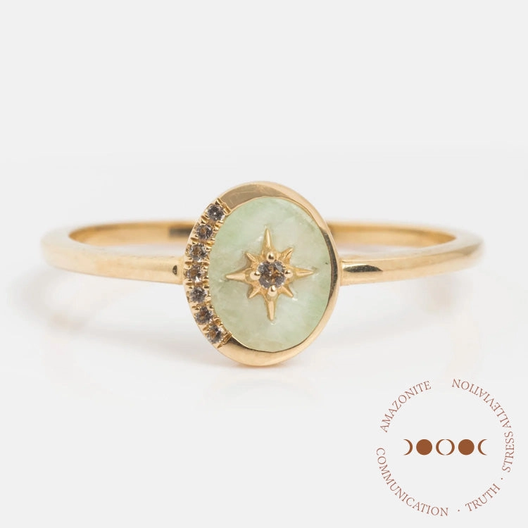 Solid Gold Crystal Crescent Moon Ring for Manifestation
