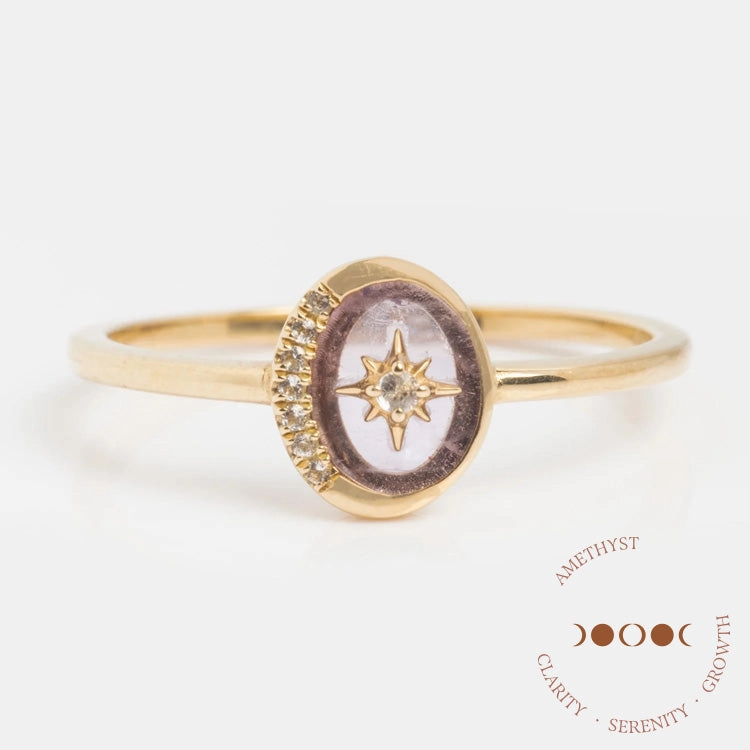 Solid Gold Crystal Crescent Moon Ring for Manifestation