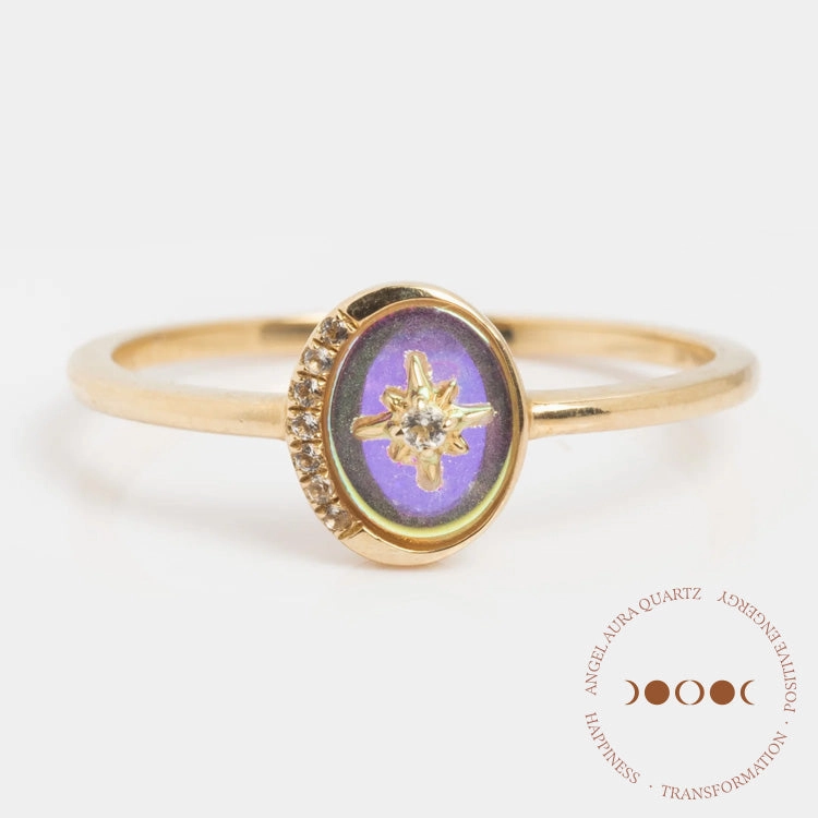 Solid Gold Crystal Crescent Moon Ring for Manifestation