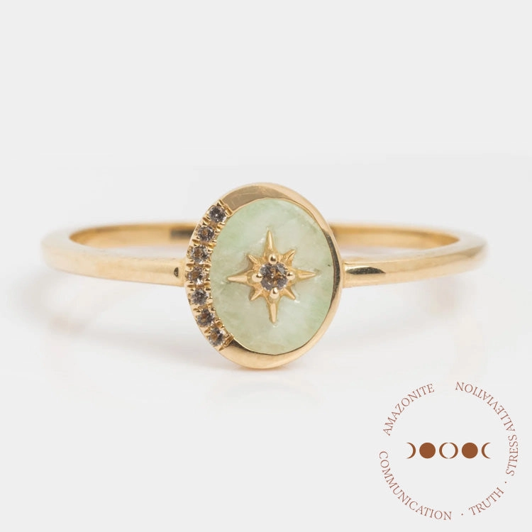 Solid Gold Crystal Crescent Moon Ring for Manifestation