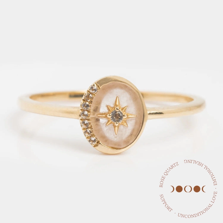Solid Gold Crystal Crescent Moon Ring for Manifestation
