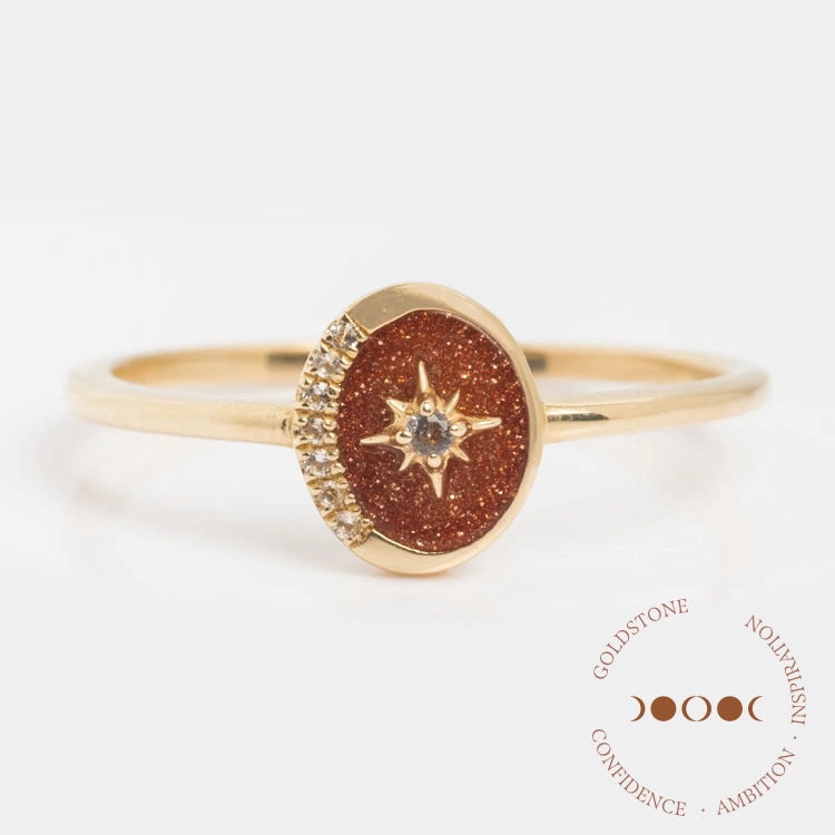 Solid Gold Crystal Crescent Moon Ring for Manifestation