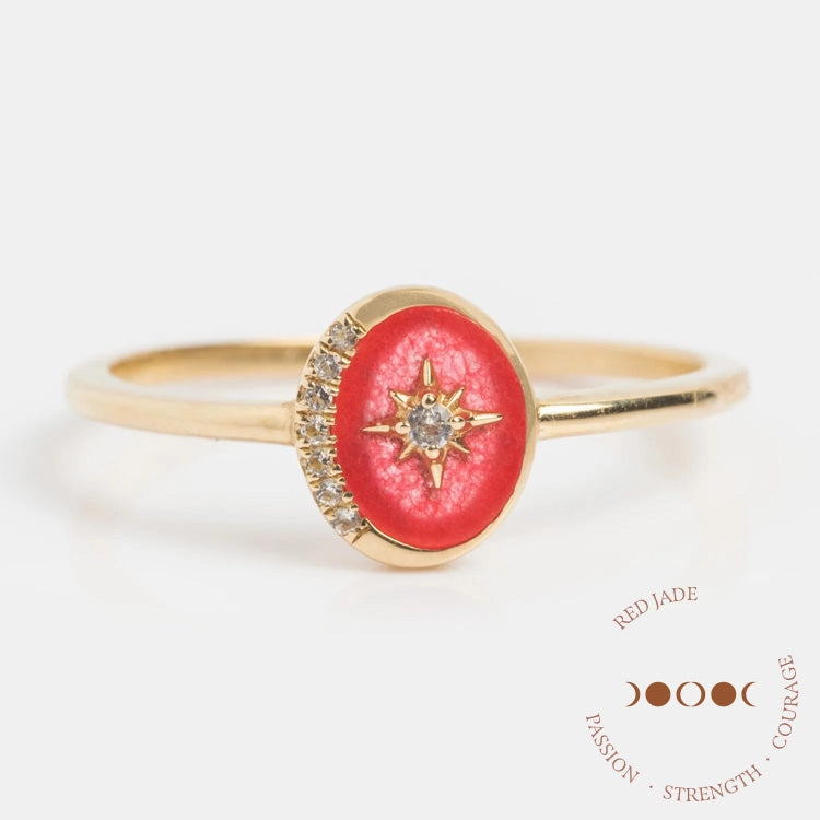 Solid Gold Crystal Crescent Moon Ring for Manifestation
