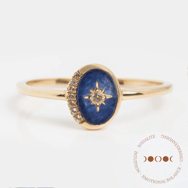 Solid Gold Crystal Crescent Moon Ring for Manifestation