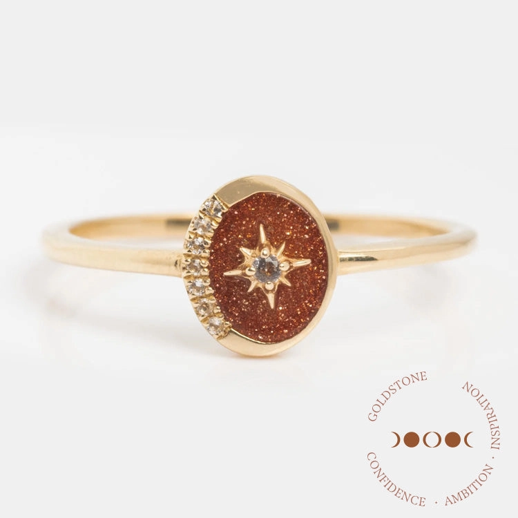 Solid Gold Crystal Crescent Moon Ring for Manifestation