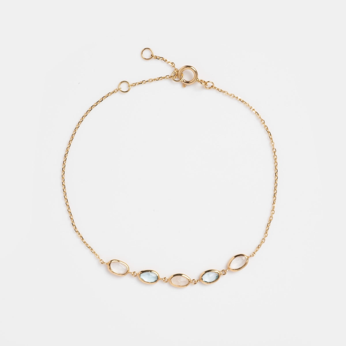 Solid Gold Daybreak Moonstone and Blue Topaz Bracelet