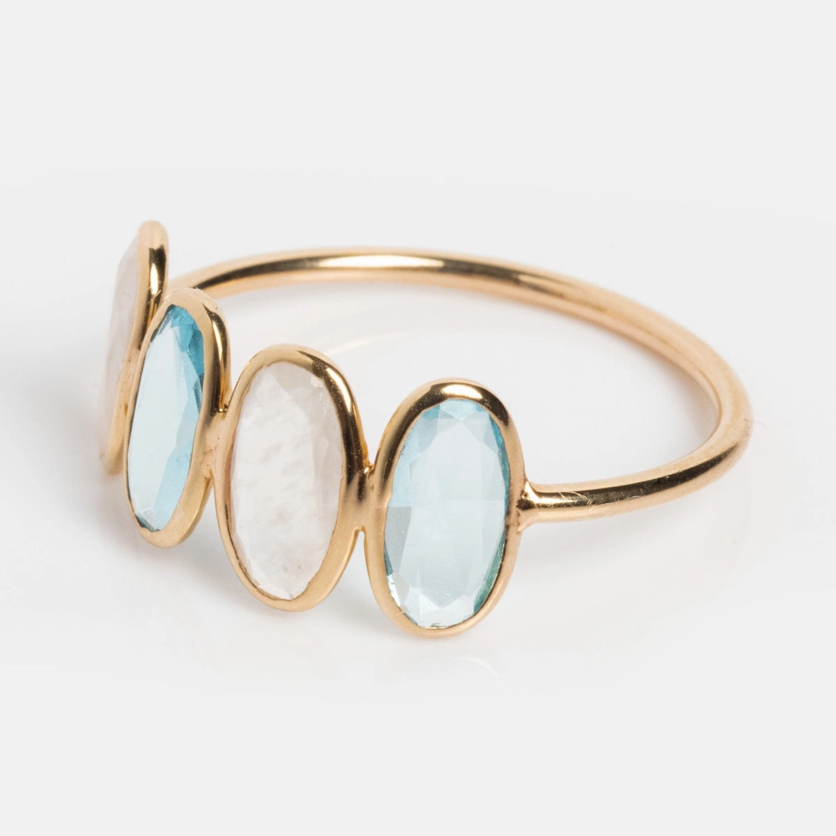 Solid Gold Daybreak Moonstone and Blue Topaz Ring