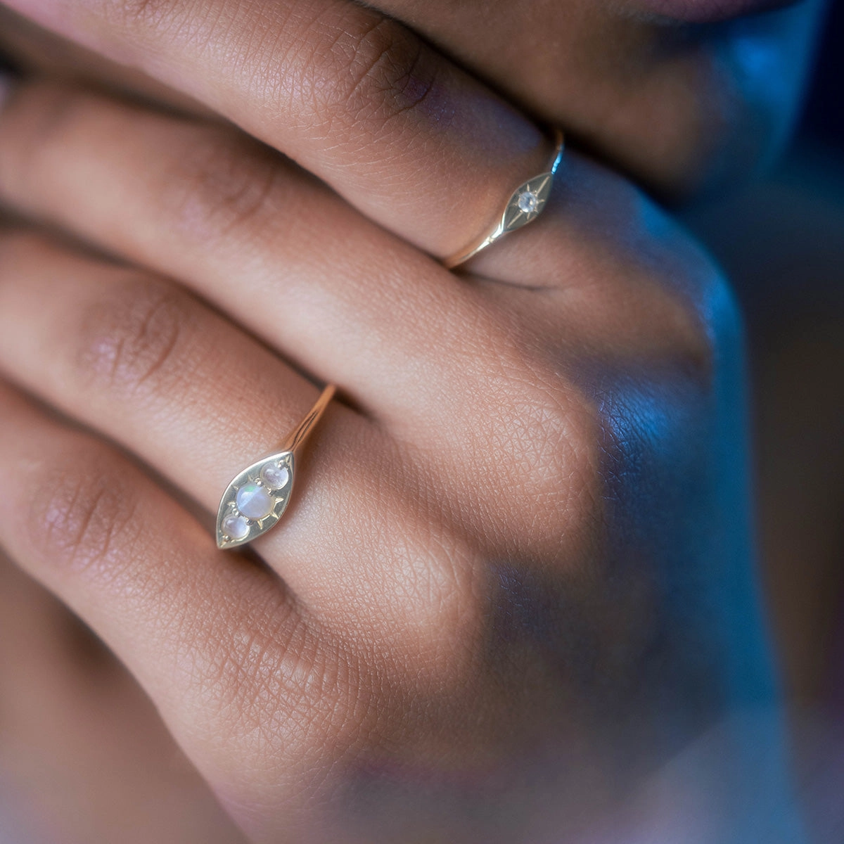 Solid Gold Delicate Moonstone Evil Eye Signet Ring