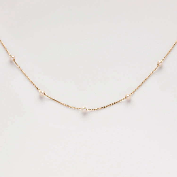 Solid Gold Delicate Pearl Chain Necklace