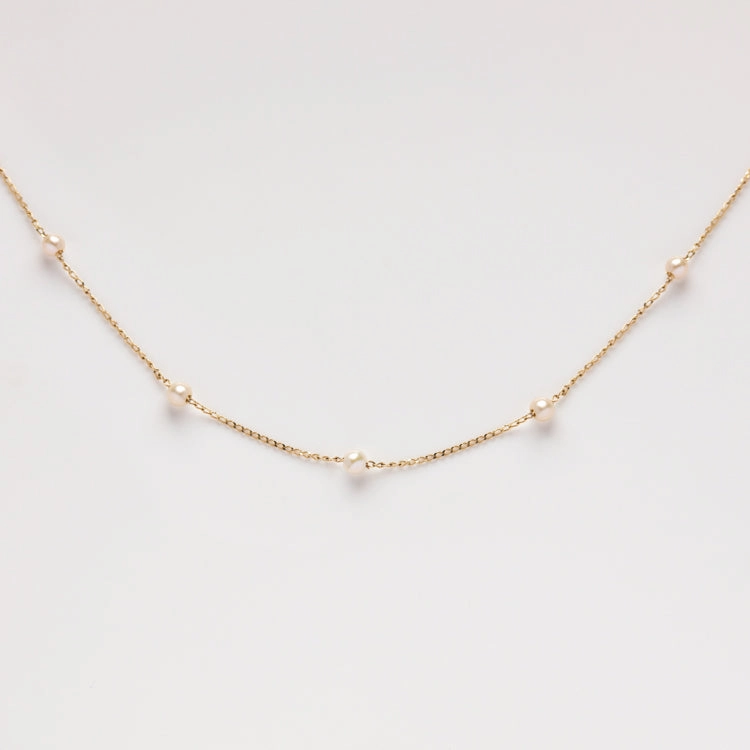 Solid Gold Delicate Pearl Chain Necklace