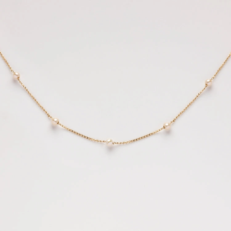 Solid Gold Delicate Pearl Chain Necklace