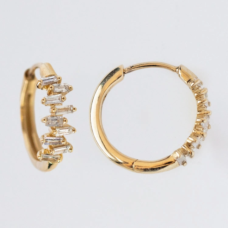 Solid Gold Diamond Baguette Huggie Hoops