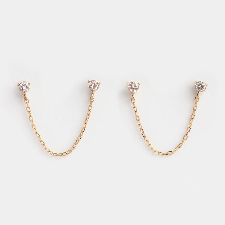 Solid Gold Double Piercing Chain Earrings