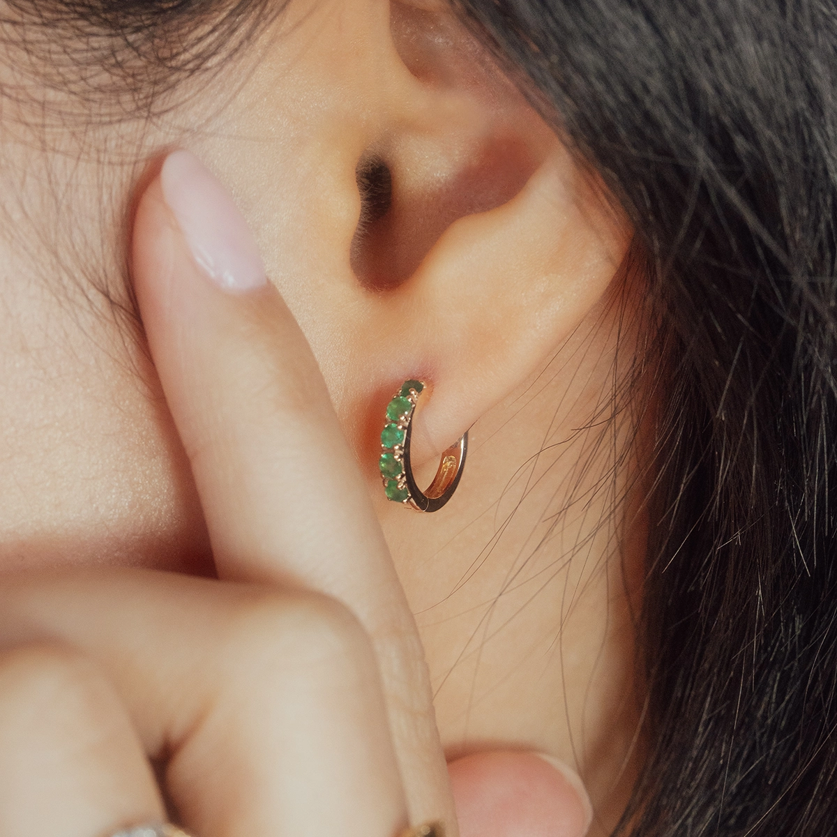 Solid Gold Emerald Huggie Hoops