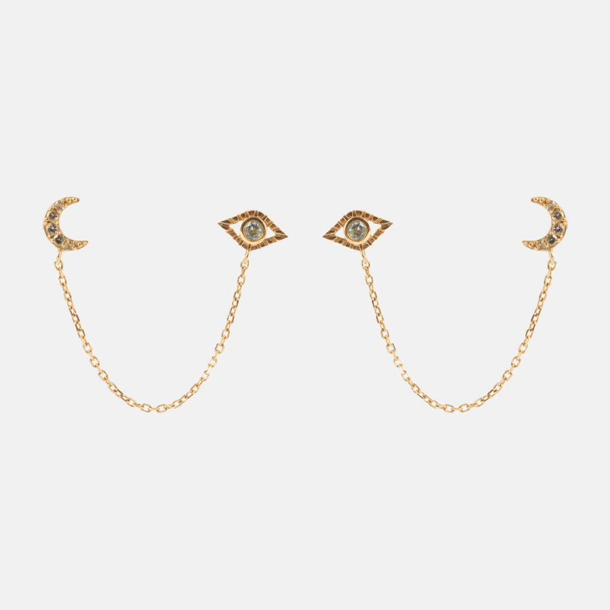 Solid Gold Evil Eye and Crescent Moon Double Piercing Studs