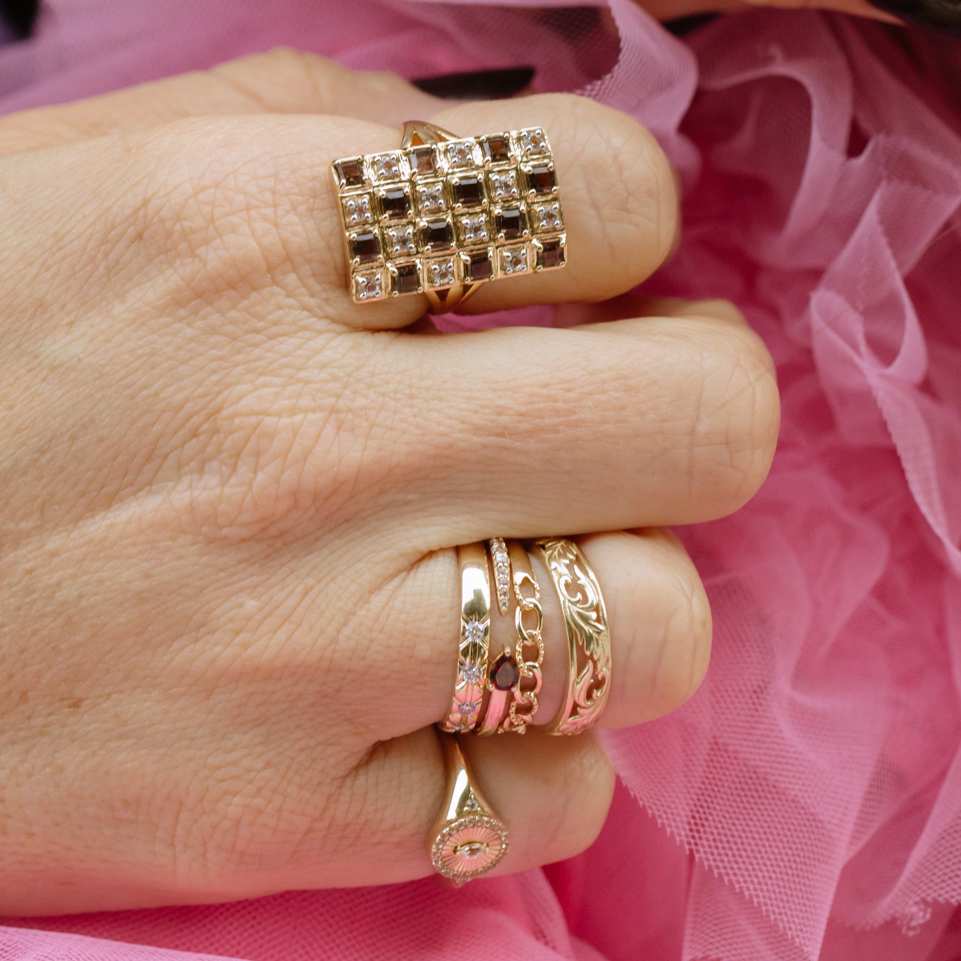 Solid Gold Garnet and Sapphire Open Front Band