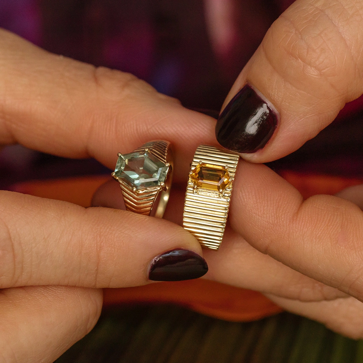 Solid Gold Green Amethyst Bold Chevron Ring