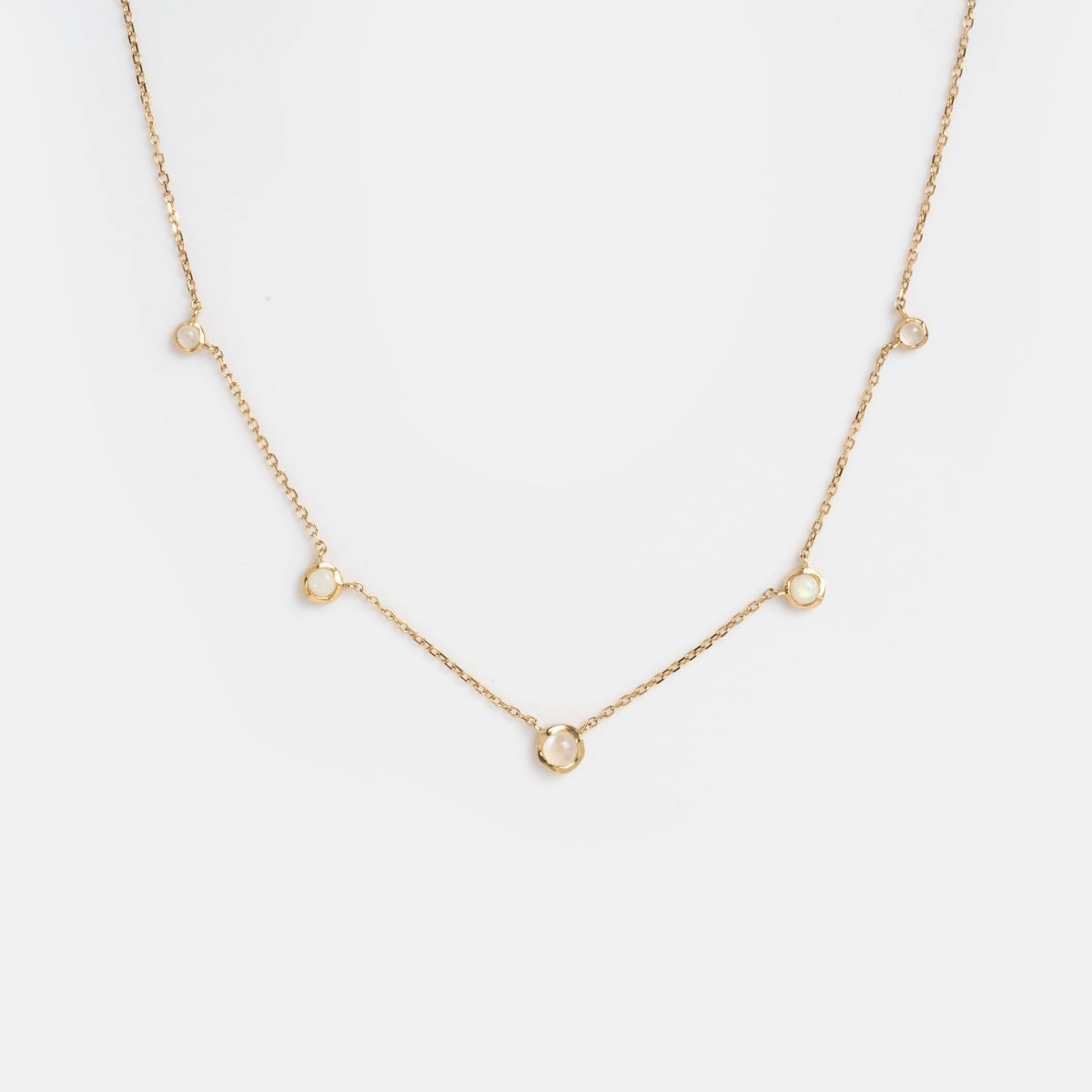 Solid Gold Horizon Moonstone and Opal Sprinkle Necklace