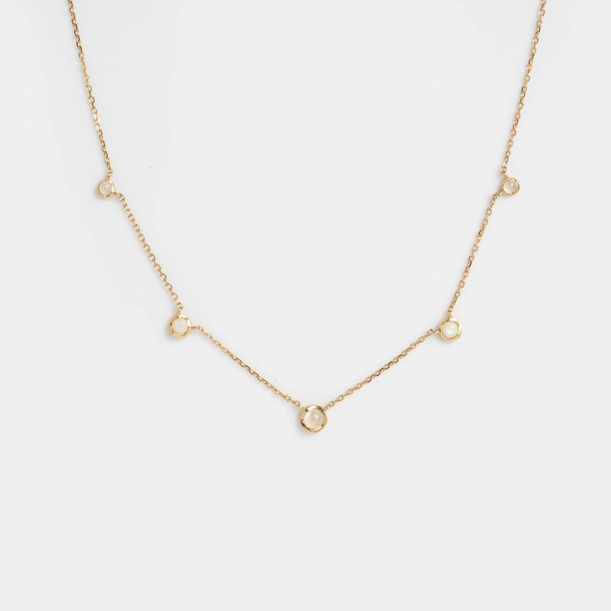 Solid Gold Horizon Moonstone and Opal Sprinkle Necklace