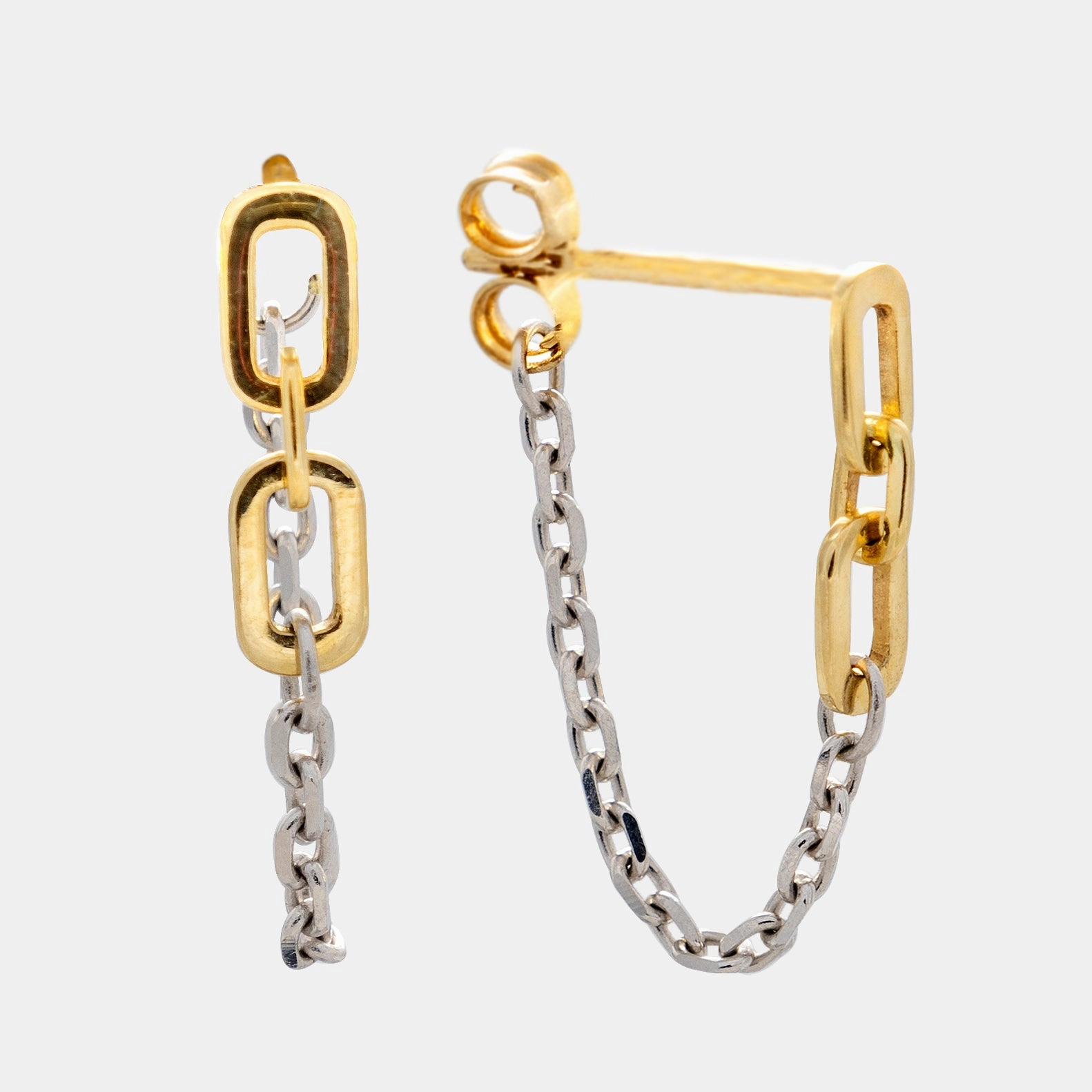Solid Gold Mixed Metal Chain Dangle Huggies
