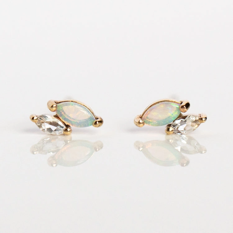Solid Gold Opal and White Topaz Marquise Studs