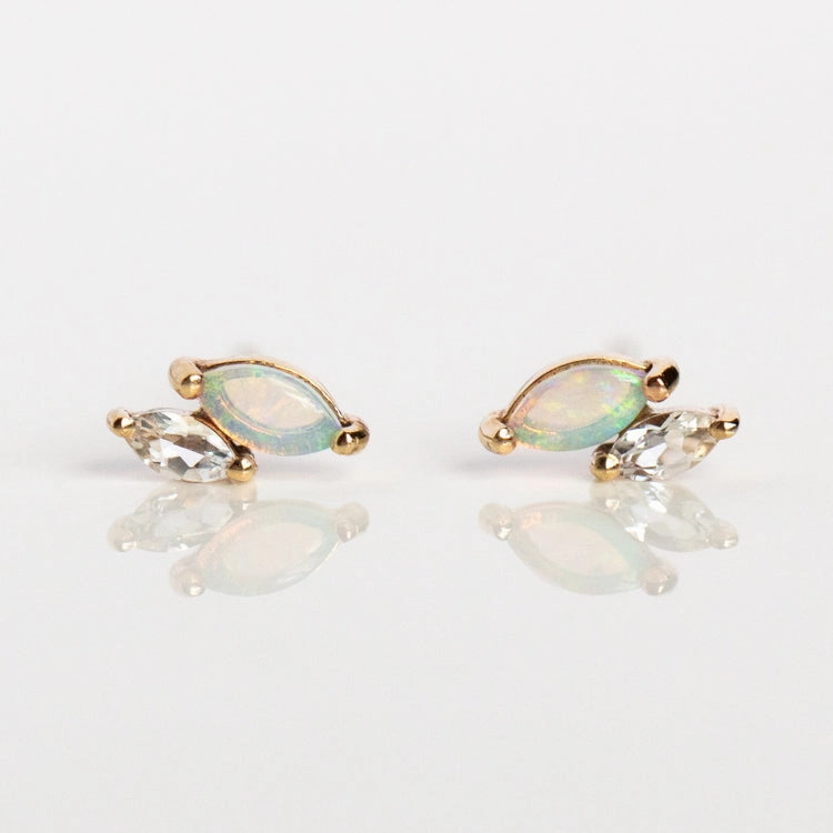 Solid Gold Opal and White Topaz Marquise Studs