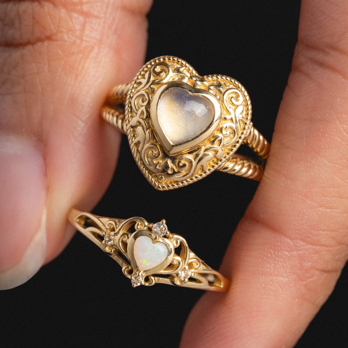 Solid Gold Openwork Filigree Opal Heart Ring