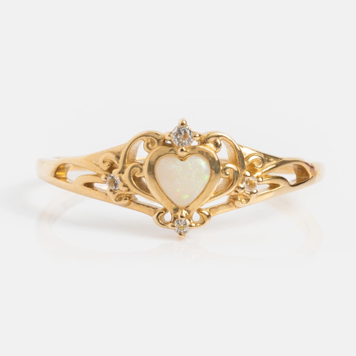 Solid Gold Openwork Filigree Opal Heart Ring