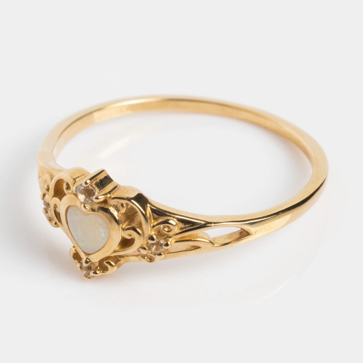 Solid Gold Openwork Filigree Opal Heart Ring