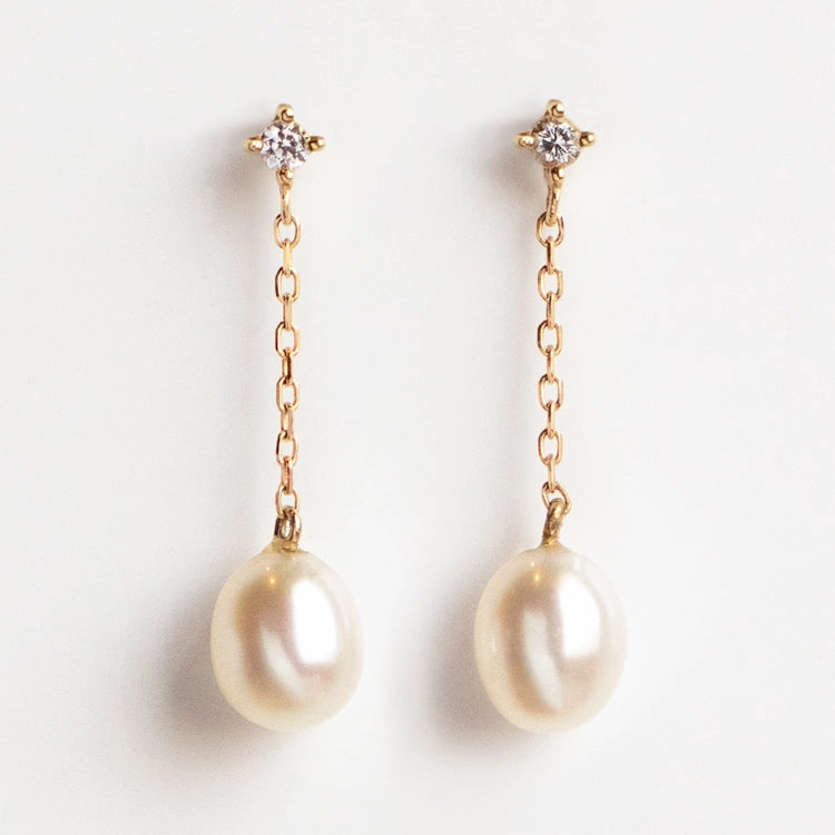 Solid Gold Pearl and White Sapphire Drop Earrings