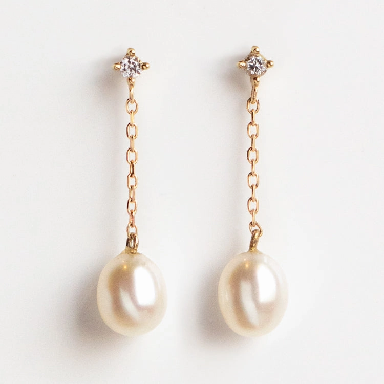 Solid Gold Pearl and White Sapphire Drop Earrings