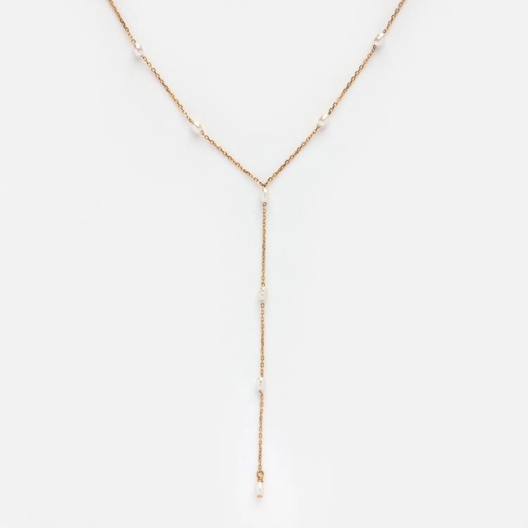 Solid Gold Pearl Lariat Necklace