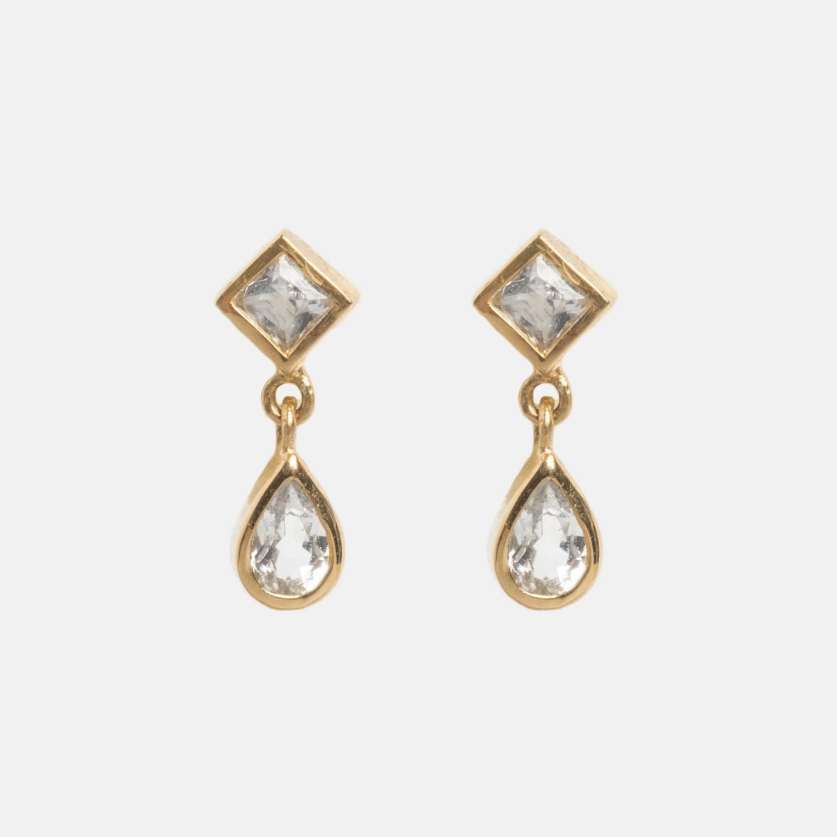Solid Gold Radiant White Topaz Drop Studs