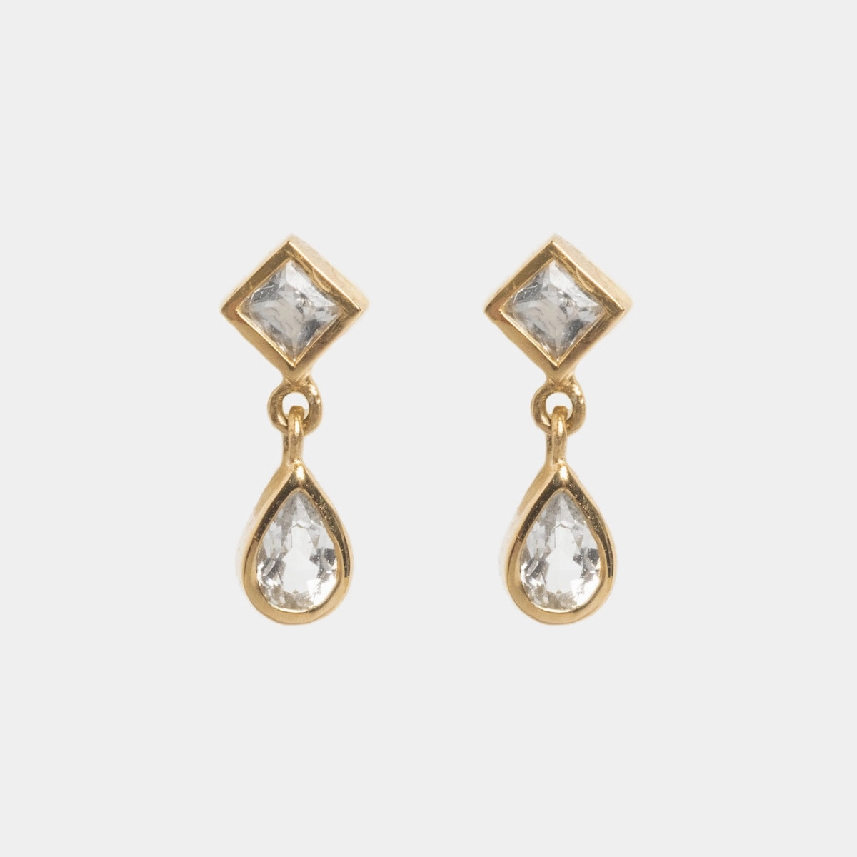 Solid Gold Radiant White Topaz Drop Studs