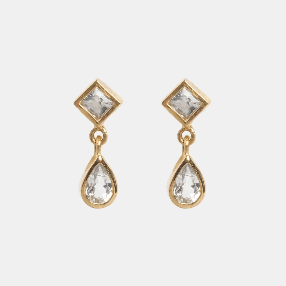 Solid Gold Radiant White Topaz Drop Studs