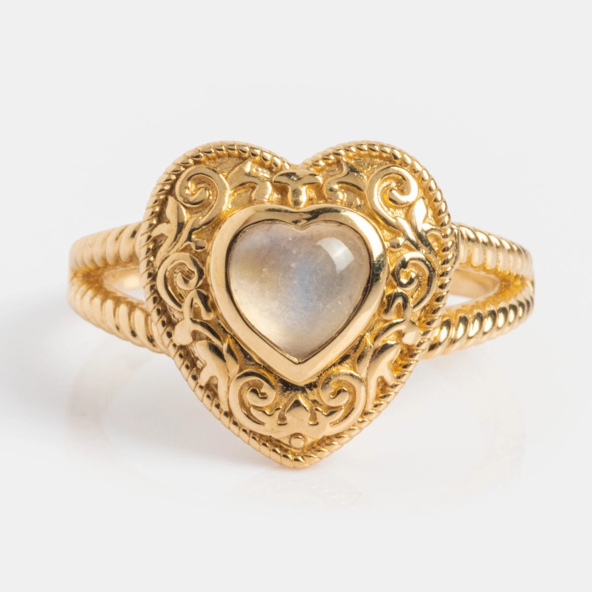 Solid Gold Rainbow Moonstone Heart Locket Ring