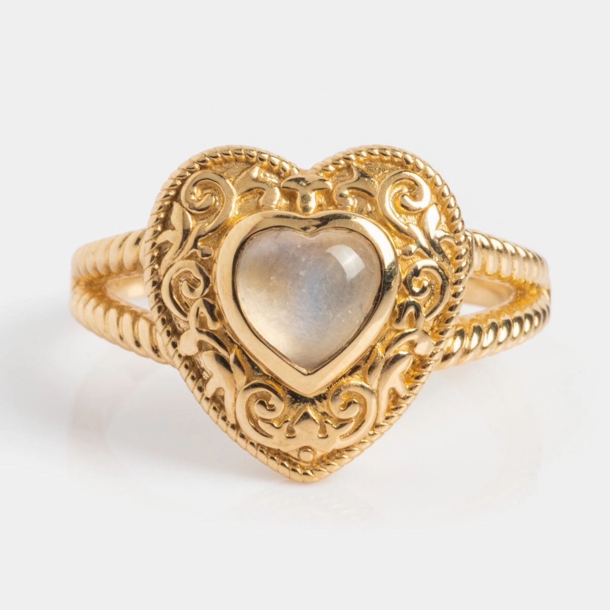 Solid Gold Rainbow Moonstone Heart Locket Ring