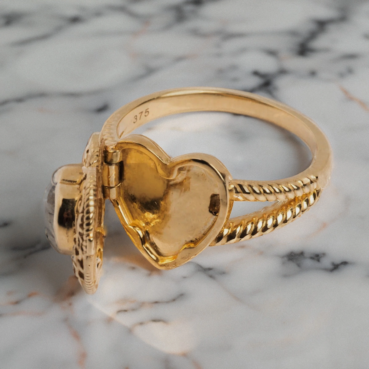 Solid Gold Rainbow Moonstone Heart Locket Ring