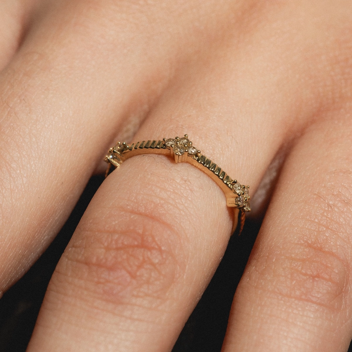 Solid Gold Salt and Pepper Diamond Ribbed Ring